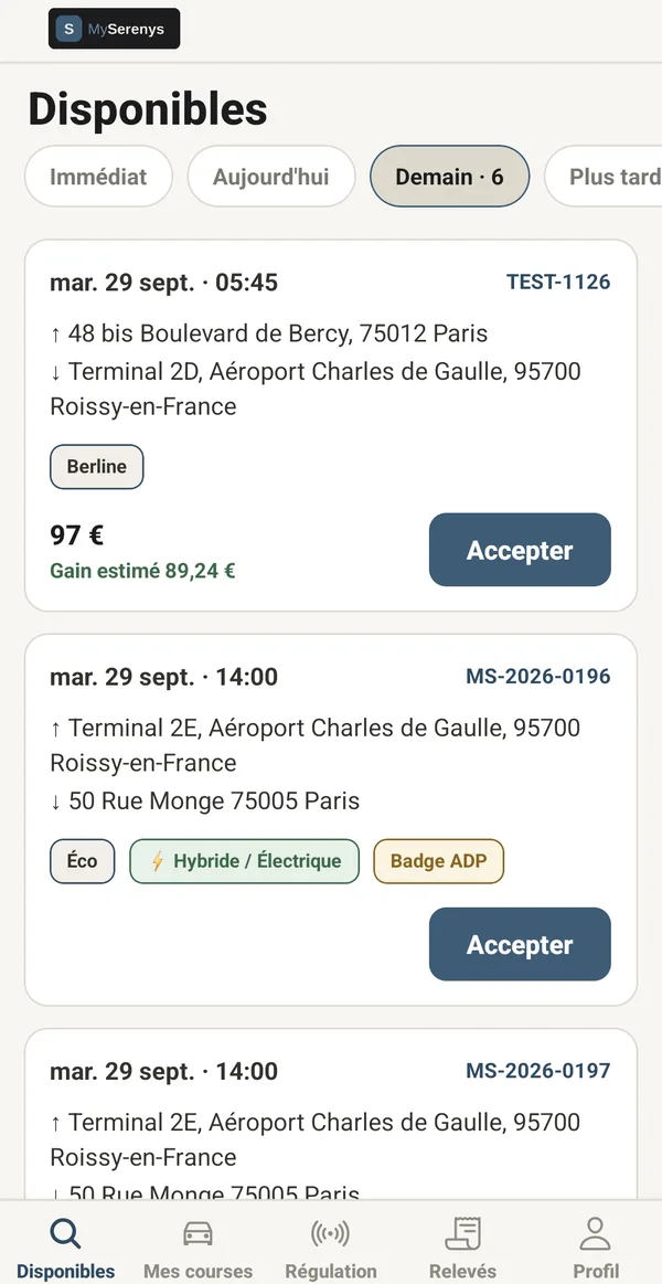 Les courses disponibles — capture de MySerenys Driver